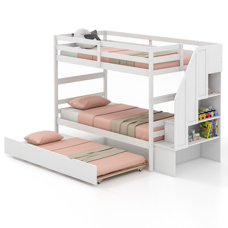 Space-Saving Triple Bunk Bed with Trundle and Storage Stairs, Solid ...