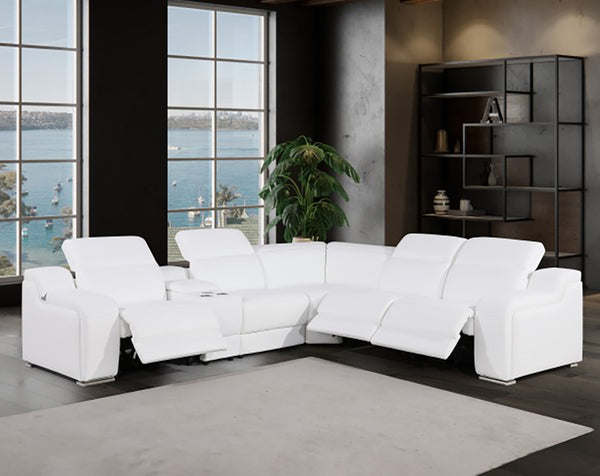 1116 DivanItalia White 6-Piece Sectional with 3 Power Recliners and Power Headrests