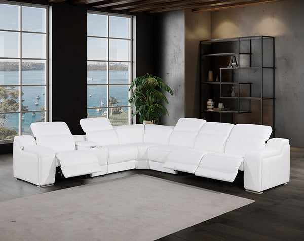 1116 DivanItalia White 7-Piece Italian Leather Sectional with 3 Power Recliners and Power Headrests