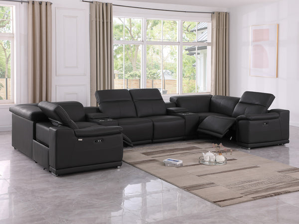 Global United 9762 - Black 8-Piece 2-Power Reclining Italian Leather Sectional