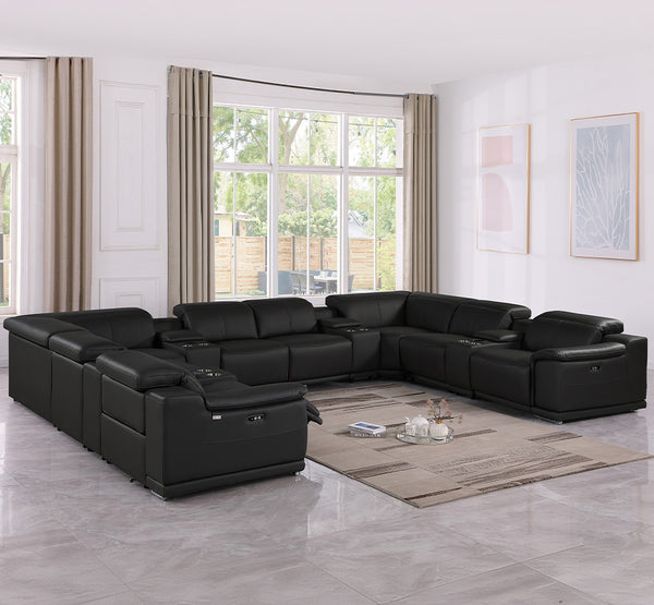 Global United 9762 - Black 12-Piece 4-Power Reclining Italian Leather Sectional