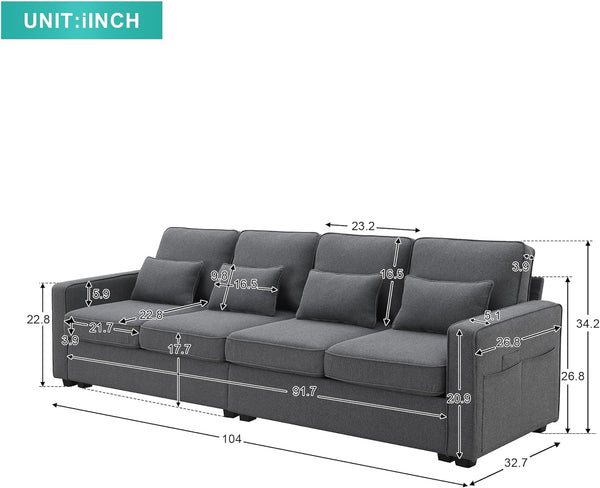 Effortless Elegance: 4-Seat Linen Fabric Sofa with Armrest Pockets and Pillows
