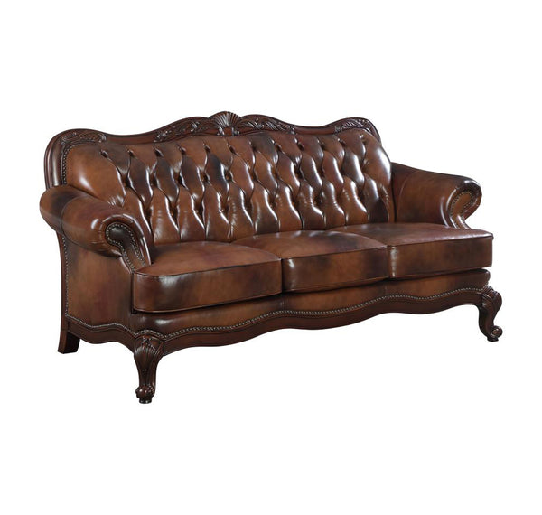 Traditional Full Leather Upholstered Rolled Arm Sofa