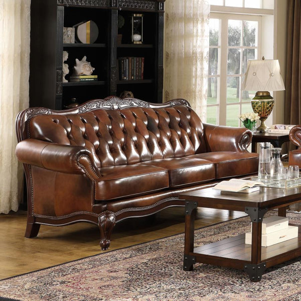 Traditional Full Leather Upholstered Rolled Arm Sofa