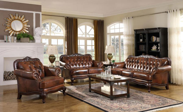 Traditional Full Leather Upholstered Rolled Arm Sofa