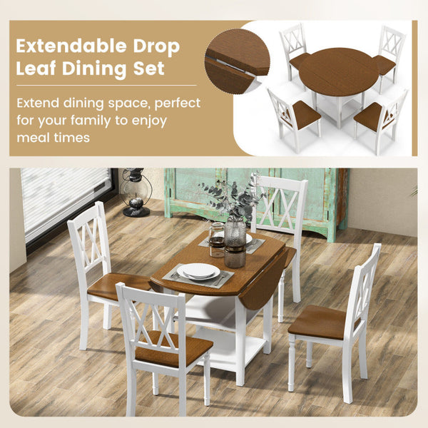 Elegant 5-Piece Round Dining Set with Drop Leaf Table for 4 Guests