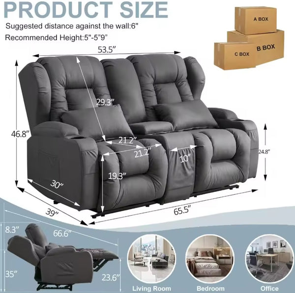 65.5" Wall Hugger Reclining Double Recliner RV Sofa & Console