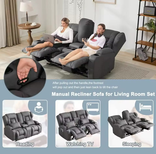 65.5" Wall Hugger Reclining Double Recliner RV Sofa & Console