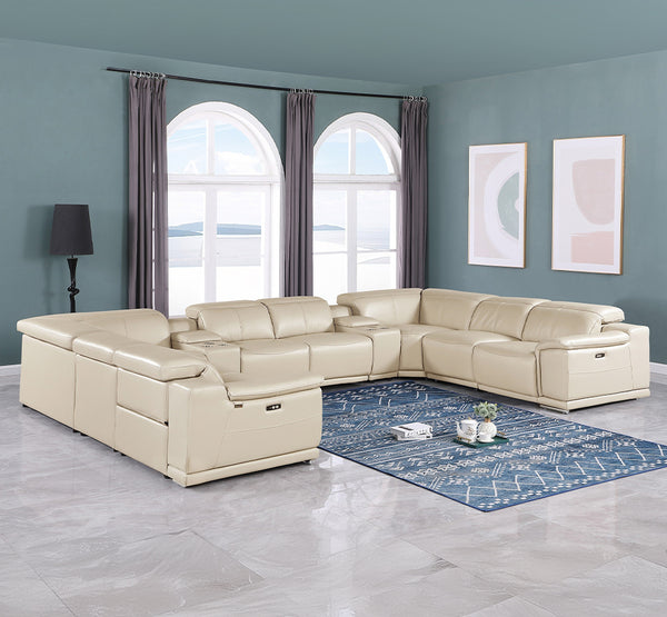 Global United-9762 Beige 10-Piece 4-Power Reclining Italian Leather Sectional