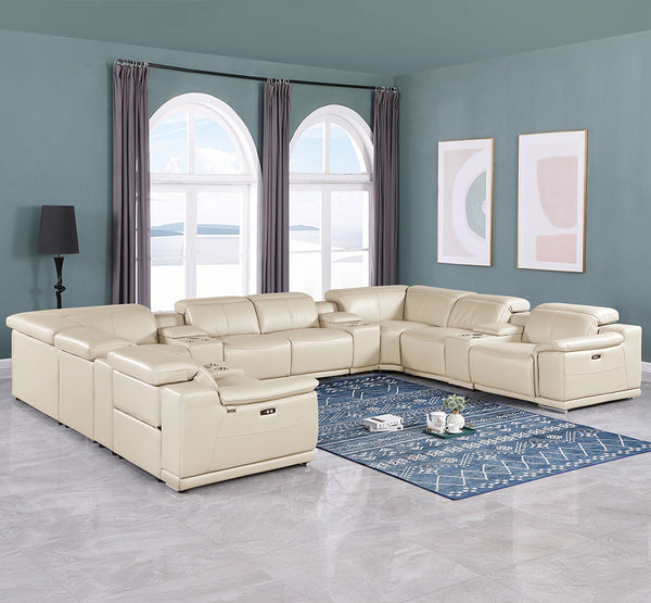 Global United- 9762 Beige 12-Piece 4-Power Reclining Italian Leather Sectional