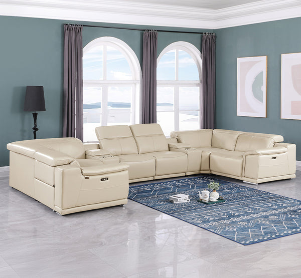 Global United 9762 - Beige 8-Piece 2-Power Reclining Italian Leather Sectional