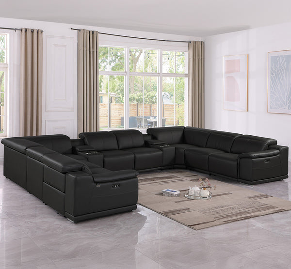 Global United 9762 - Black 10-Piece 4-Power Reclining Italian Leather Sectional