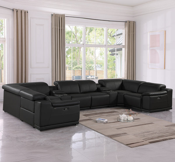 Global United 9762 - Black 8-Piece 2-Power Reclining Italian Leather Sectional