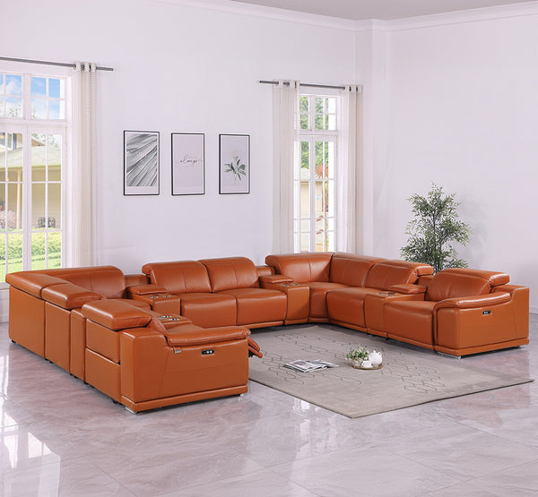 Global United 9762 DivanItalia Camel 12-Piece Top Grain Italian Leather Sectional with 4 Power Recliners and 4 Consoles