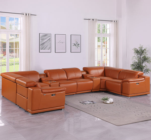 Global United 9762 - Camel 8-Piece 2-Power Reclining Italian Leather Sectional