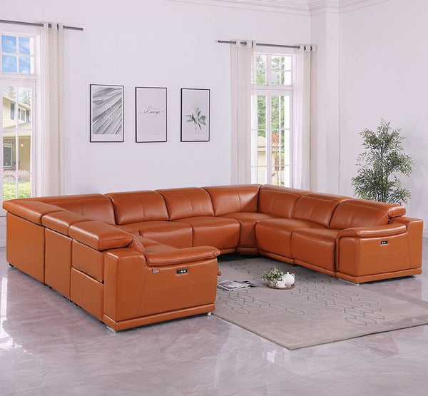 Global United 9762 - Camel 8-Piece No-Console 4-Power Reclining Italian Leather Sectional