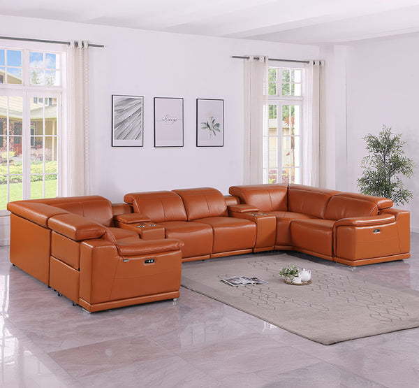 Global United 9762 - Camel 8-Piece 4-Power Reclining With 2 Consoles Italian Leather Sectional