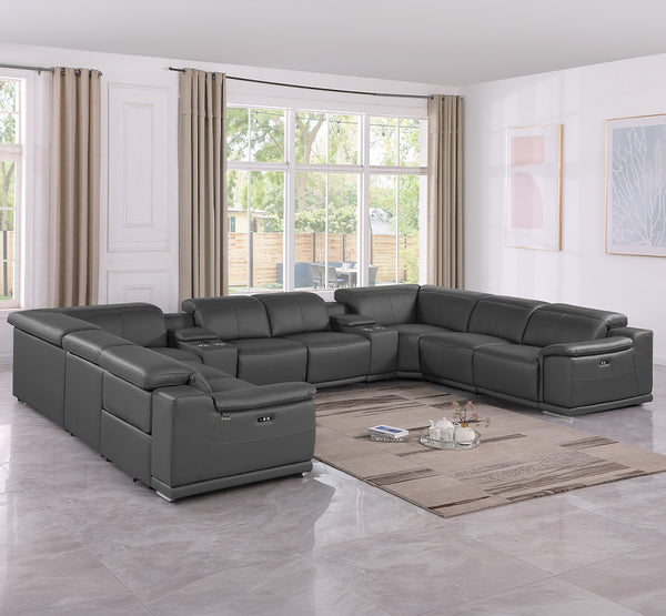 Global United- 9762 DivanItalia Dark Gray 12-Piece Sectional Italian Leather with 4 Power Recliners and 4 Consoles