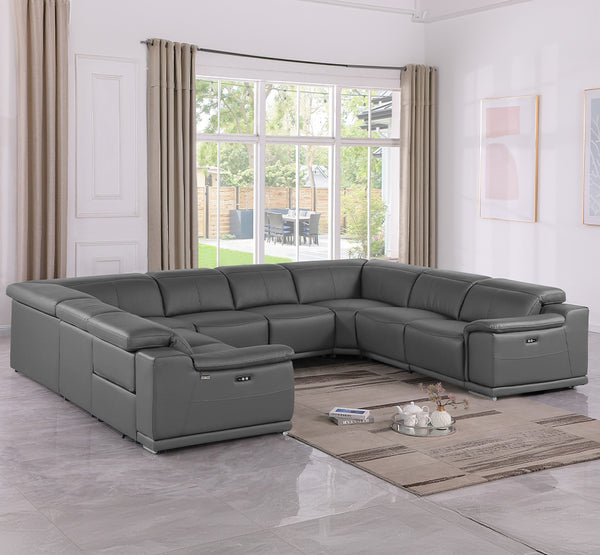 Global United 9762 - Dark Grey- 8-Piece No-Console 4-Power Reclining Italian Leather Sectional