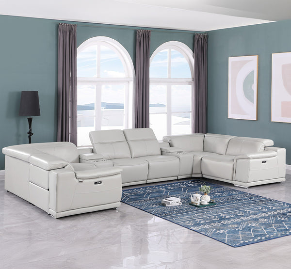 Global United -9762 Light Grey 8-Piece 2-Power Reclining and 2 Consoles Italian Leather Sectional