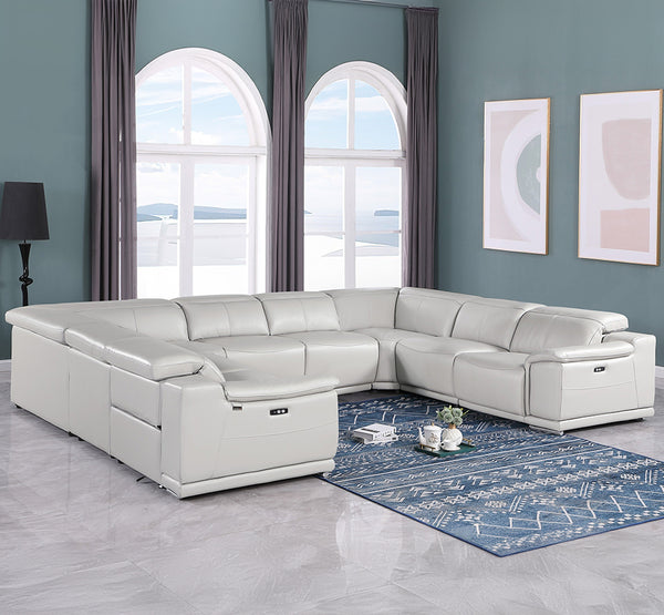 Global United -9762 Light Grey 8-Piece No-Console 4-Power Reclining Italian Leather Sectional