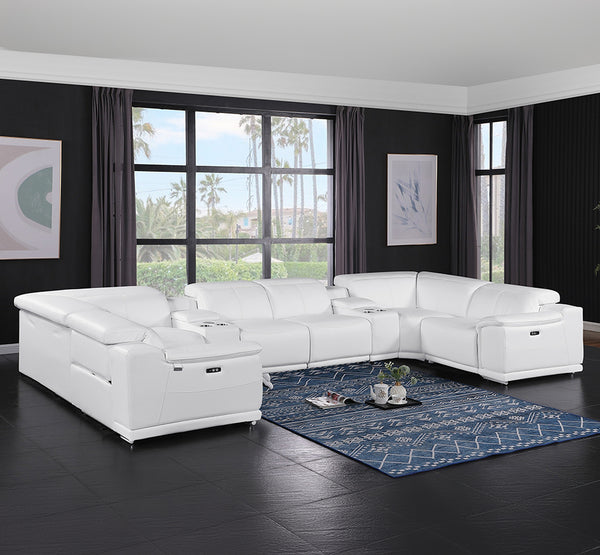 Global United -9762 White Italian Leather Sectional 10-Piece 4-Power Reclining and 2 Consoles