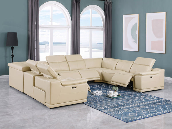 Global United-9762 Beige 8-Piece No-Console 4-Power Reclining Italian Leather Sectional