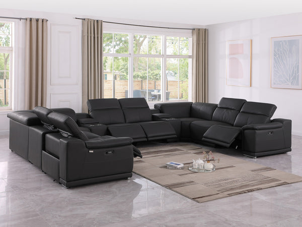 Global United 9762 - Black 10-Piece 4-Power Reclining Italian Leather Sectional