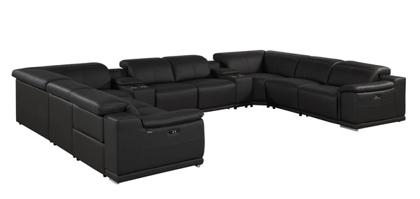 Global United 9762 - Black 10-Piece 4-Power Reclining Italian Leather Sectional