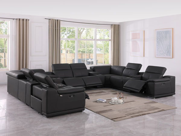 Global United 9762 - Black 12-Piece 4-Power Reclining Italian Leather Sectional