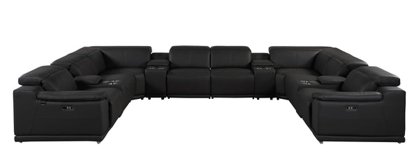 Global United 9762 - Black 12-Piece 4-Power Reclining Italian Leather Sectional