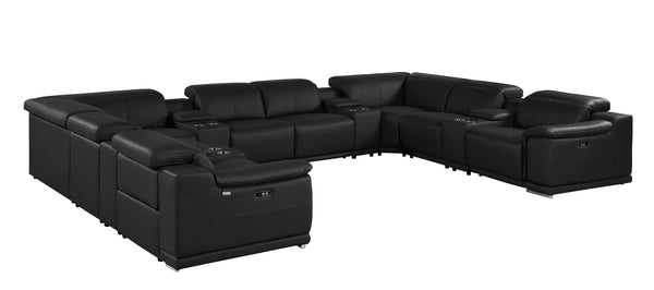 Global United 9762 - Black 12-Piece 4-Power Reclining Italian Leather Sectional