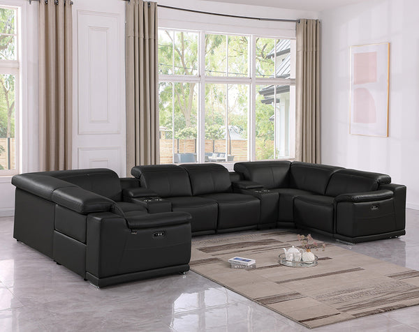 Global United 9762 - Black 8-Piece 4-Power Reclining Italian Leather Sectional with 4 Power Recliners and 2 Consoles