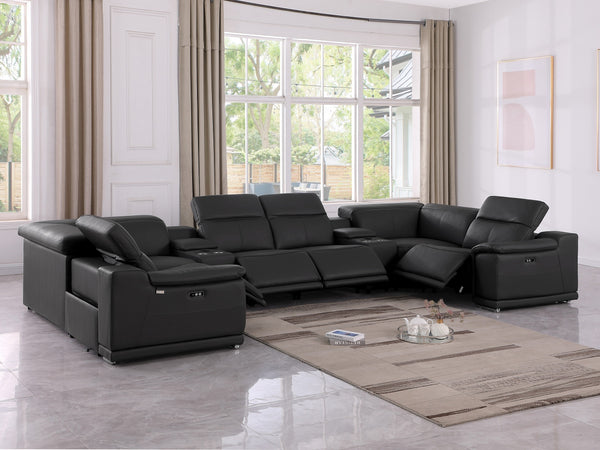 Global United 9762 - Black 8-Piece 4-Power Reclining Italian Leather Sectional with 4 Power Recliners and 2 Consoles