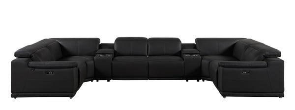 Global United 9762 - Black 8-Piece 4-Power Reclining Italian Leather Sectional with 4 Power Recliners and 2 Consoles