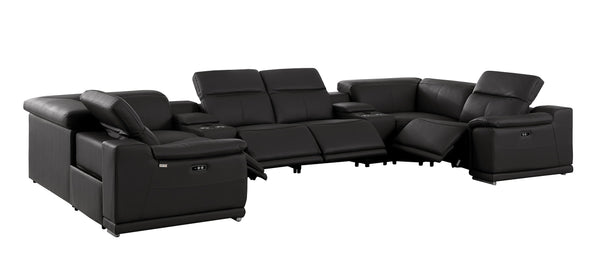 Global United 9762 - Black 8-Piece 4-Power Reclining Italian Leather Sectional with 4 Power Recliners and 2 Consoles