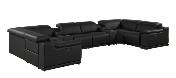 Global United 9762 - Black 8-Piece 4-Power Reclining Italian Leather Sectional with 4 Power Recliners and 2 Consoles