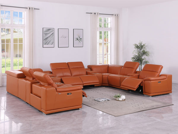 Global United 9762 DivanItalia Camel 12-Piece Top Grain Italian Leather Sectional with 4 Power Recliners and 4 Consoles