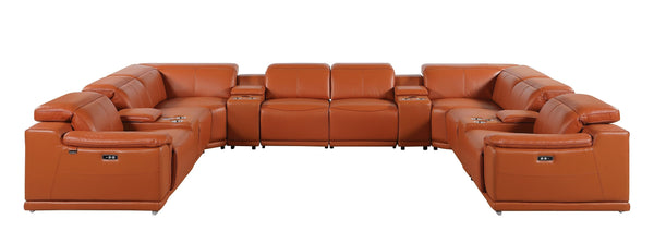 Global United 9762 DivanItalia Camel 12-Piece Top Grain Italian Leather Sectional with 4 Power Recliners and 4 Consoles