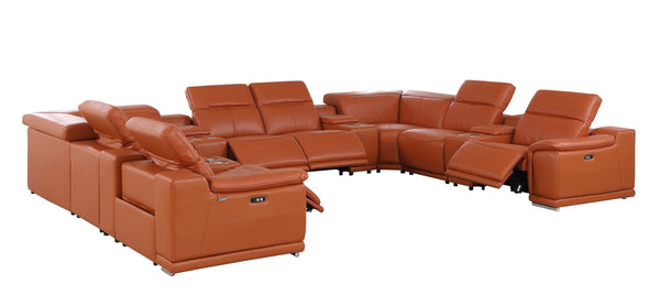 Global United 9762 DivanItalia Camel 12-Piece Top Grain Italian Leather Sectional with 4 Power Recliners and 4 Consoles