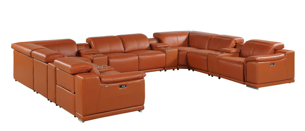 Global United 9762 DivanItalia Camel 12-Piece Top Grain Italian Leather Sectional with 4 Power Recliners and 4 Consoles