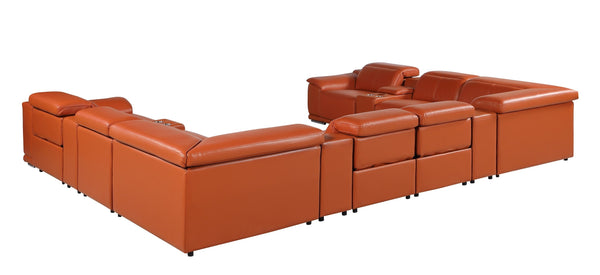 Global United 9762 DivanItalia Camel 12-Piece Top Grain Italian Leather Sectional with 4 Power Recliners and 4 Consoles