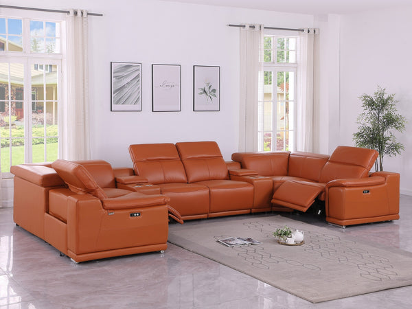 Global United 9762 - Camel 8-Piece 2-Power Reclining Italian Leather Sectional