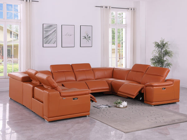 Global United 9762 - Camel 8-Piece No-Console 4-Power Reclining Italian Leather Sectional