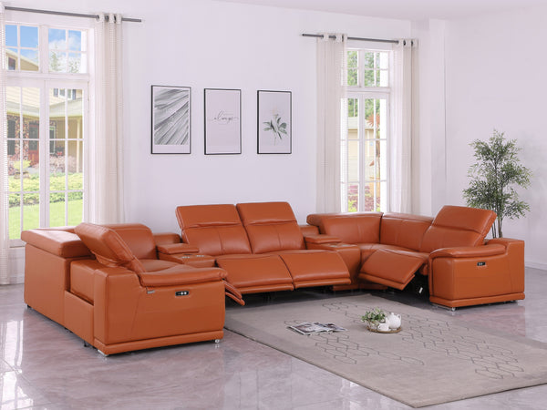 Global United 9762 - Camel 8-Piece 4-Power Reclining With 2 Consoles Italian Leather Sectional