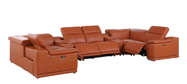 Global United 9762 - Camel 8-Piece 4-Power Reclining With 2 Consoles Italian Leather Sectional