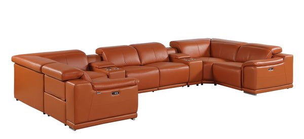 Global United 9762 - Camel 8-Piece 4-Power Reclining With 2 Consoles Italian Leather Sectional