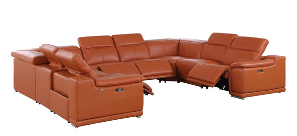 Global United 9762 - Camel 8-Piece No-Console 4-Power Reclining Italian Leather Sectional