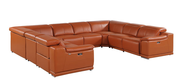 Global United 9762 - Camel 8-Piece No-Console 4-Power Reclining Italian Leather Sectional