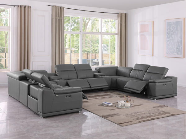 Global United- 9762 DivanItalia Dark Gray 12-Piece Sectional Italian Leather with 4 Power Recliners and 4 Consoles